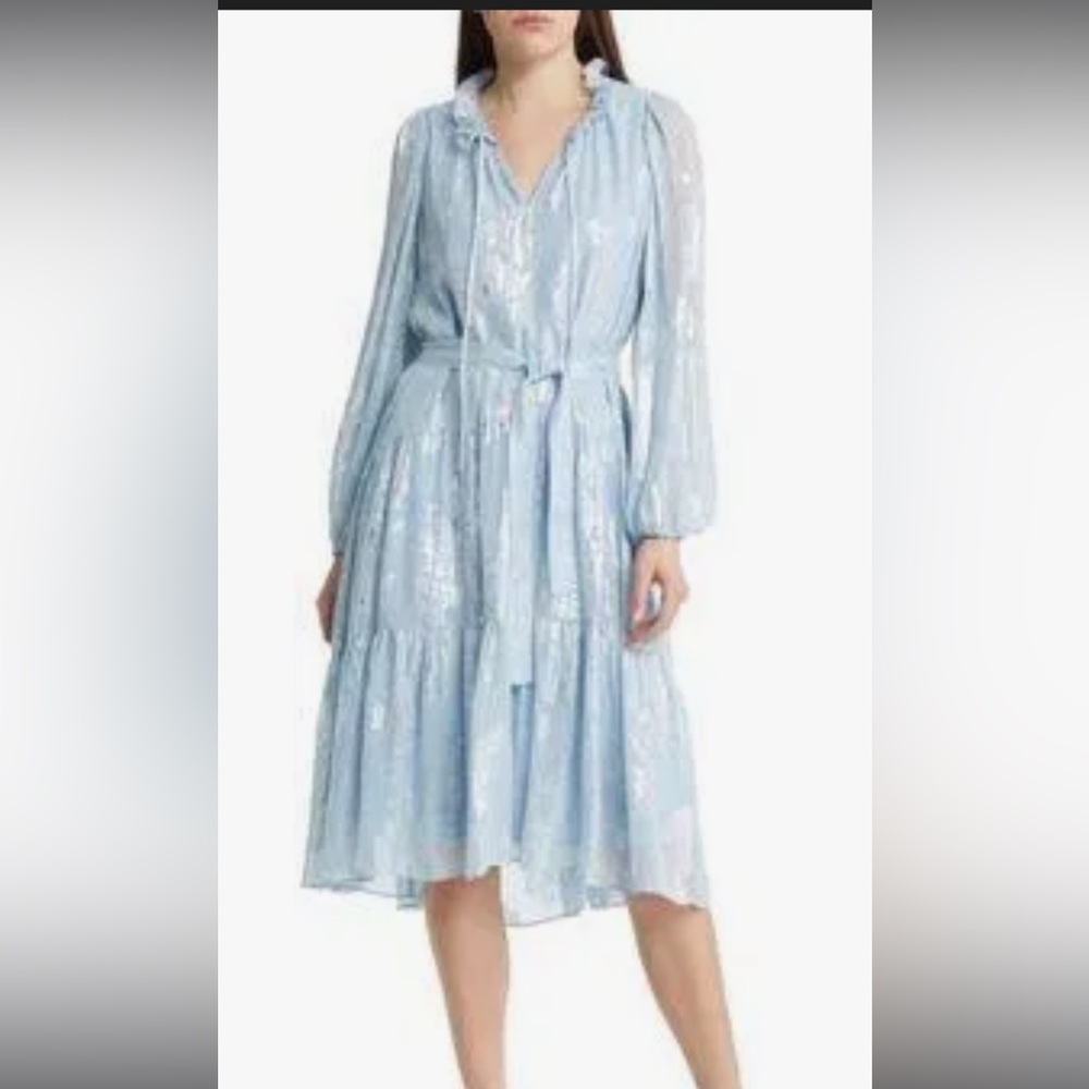 KOBY HALPERIN KATHRYN METALLIC SILK JACQUARD MIDI DRESS/Blue No belt included